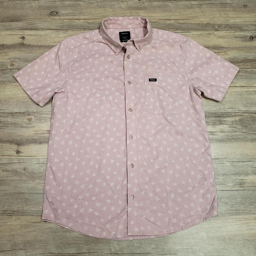 RVCA Shirt Mens Small Pink Floral Short Sleeve Button Up Slim Fit Casual Summer